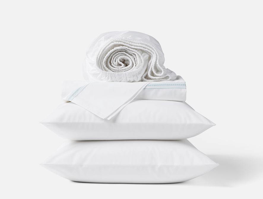 Landscape Embroidered Organic Percale Sheet Set - Coyuchi | Alpine White w/Pacific Blue