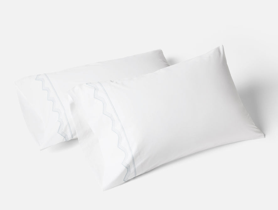 Vista Embroidered Organic Pillowcases - Coyuchi | Alpine White w/Pacific Blue