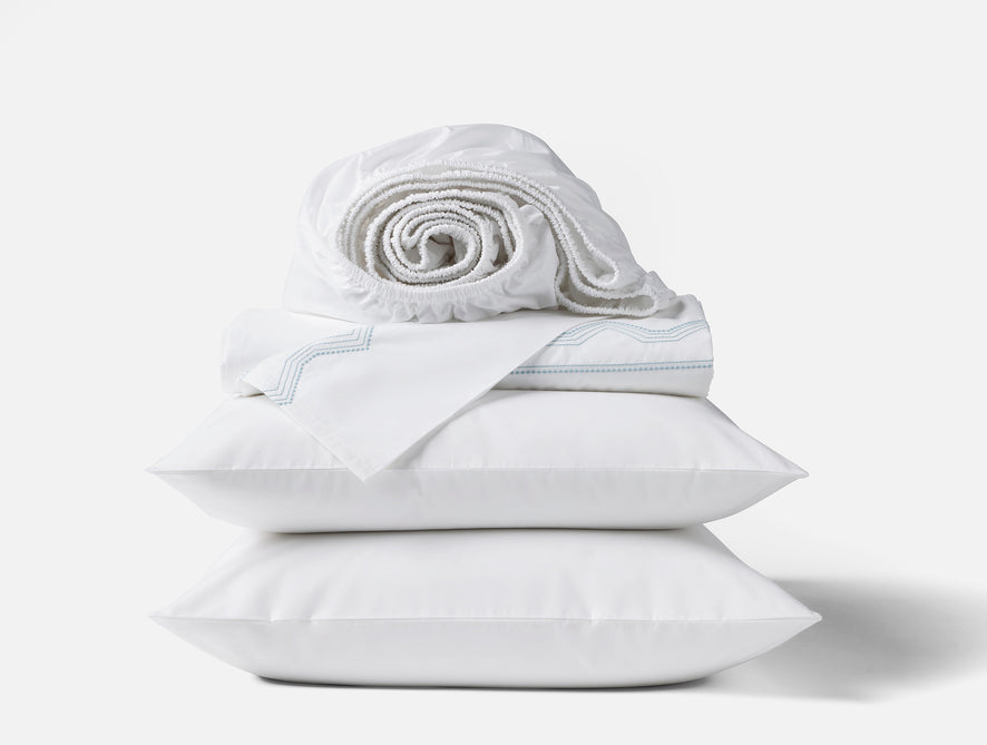 Vista Embroidered Organic Percale Sheet Set - Coyuchi | Alpine White w/Pacific Blue