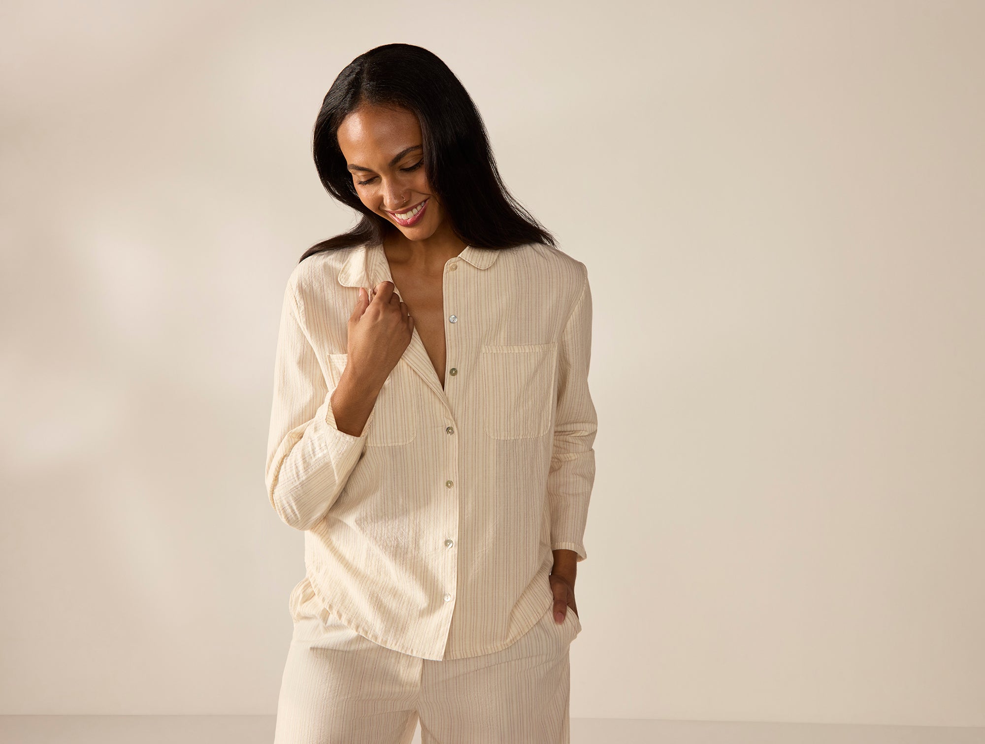 Coyuchi, Women's Isla Organic Cotton Long Sleeve Pajama Set Small Undyed with Hazel-Rosehip , S, Sustainable Materials