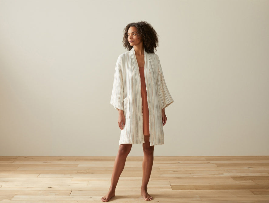 Women's Matelassé Organic Robe | Undyed w/Warm Stripe