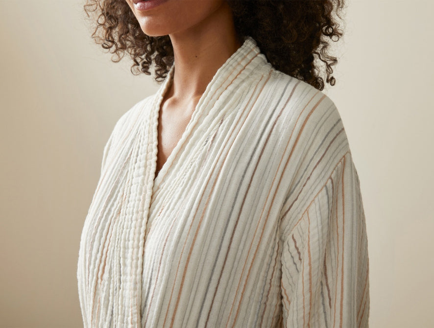 Women's Matelassé Organic Robe | Undyed w/Warm Stripe