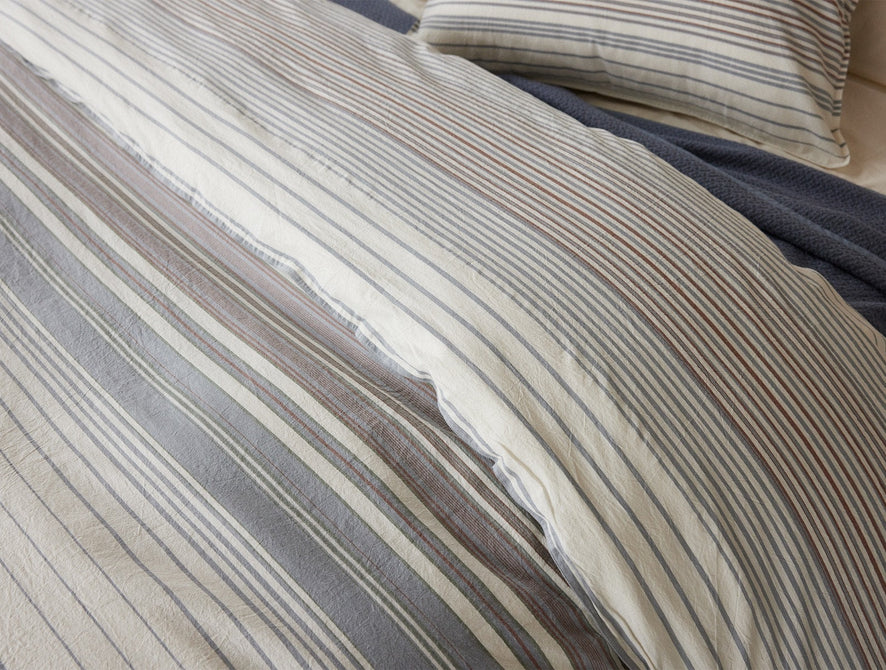 Coastal Organic Duvet Cover | Undyed w/Steel Blue Stripe