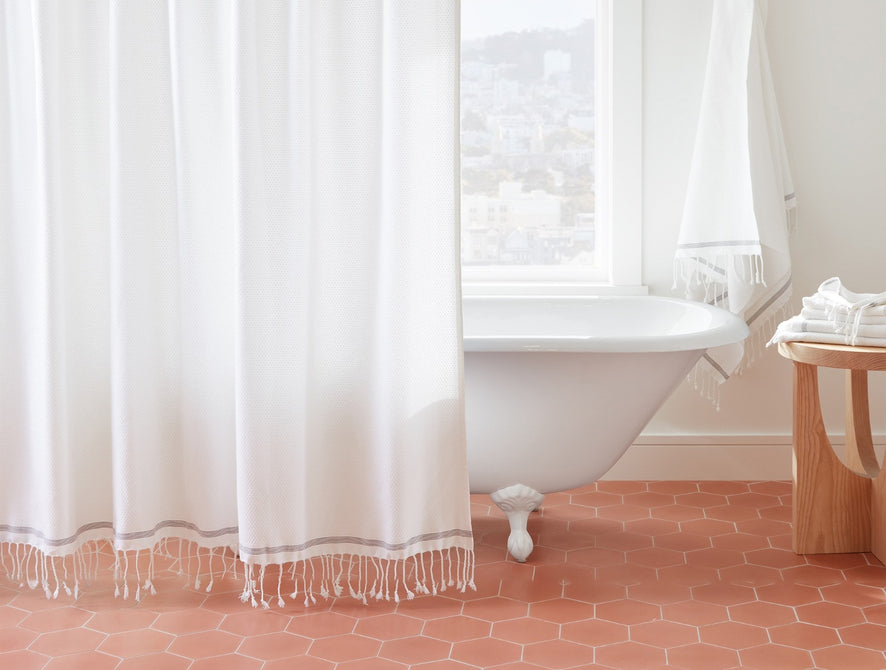 Mediterranean Organic Shower Curtain  | Alpine White w/ Slate Stripe